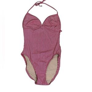 J. Crew Red and White Striped Halter One-Piece Swimsuit